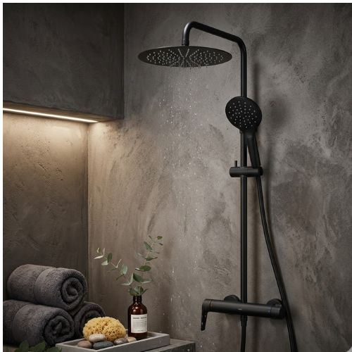 Sleek matte black dual shower system with active rainfall head and handheld wand, mounted on a modern industrial concrete wall with spa-inspired accessories.