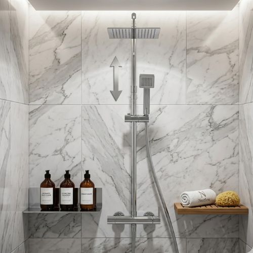 Luxury chrome dual-flow shower system on white marble with spa accessories and a branded Neatflow towel.