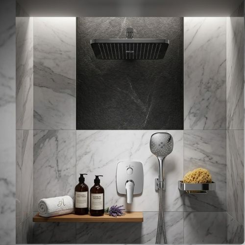 Dual-head shower system with square rain head and handheld wand on white marble and black stone walls.