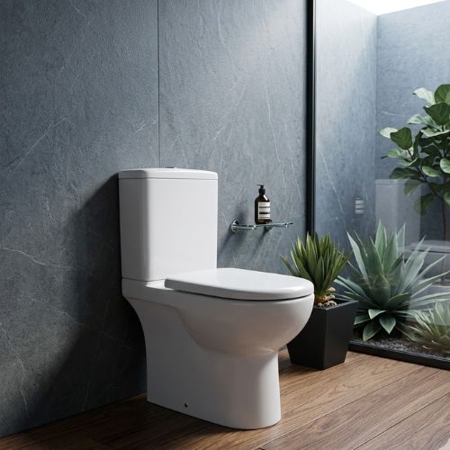 Product shot of the Project WC in brilliant white ceramic, featuring a sleek modern design and soft-close lid, set against a grey stone wall in a contemporary bathroom with wooden floors and indoor plants.
