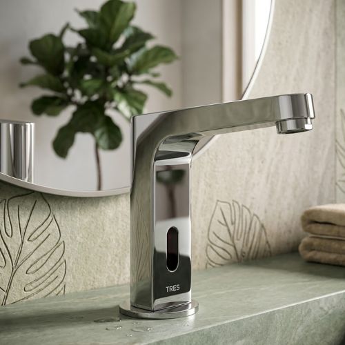 Modern touchless chrome faucet by TRES on a green marble vanity with a minimalist bathroom background.