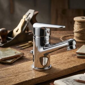 TRES contemporary chrome basin tap on a wooden workbench – luxury bathroom hardware by Neatflow Solution.