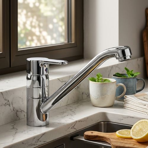 A sleek, high-arc culinary mixer with a brilliant chrome mirror finish, mounted on a white marble countertop in a modern kitchen.