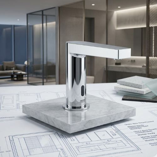 High-angle shot of a sleek, chrome Titan Smart-Sense infrared tap mounted on a marble sample, centered over architectural bathroom blueprints with a luxury showroom background.
