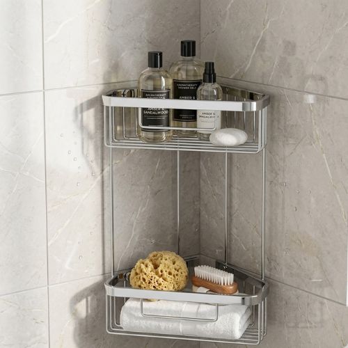 Chrome-finished double-tiered corner shower basket mounted against a light-colored tiled wall.