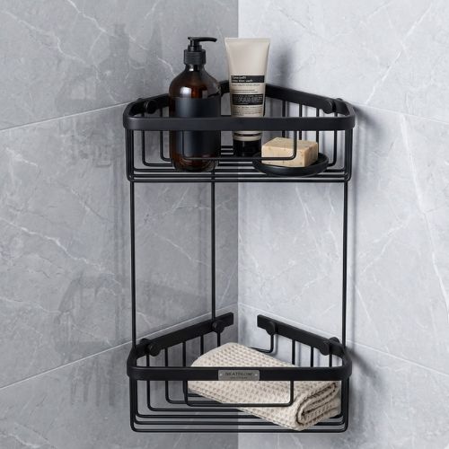Matte black double-tier corner shower basket for luxury bathroom organization, supplied by Neatflow Solution in Lagos, Nigeria.