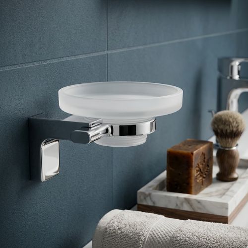 Sophisticated wall-mounted ELETECH soap dish featuring a frosted glass basin and polished chrome bracket, set against a luxury bathroom backdrop to highlight premium quality for the Nigerian market.