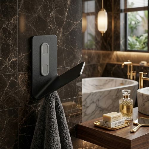 A minimalist matte black FLAMA robe hook holding a charcoal grey towel, mounted on a luxurious dark marble wall in a high-end bathroom setting.