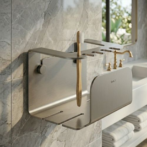 A professional, wall-mounted "Quick" toothbrush holder in a champagne-nickel finish, featuring a minimalist U-profile design on a luxurious marble bathroom wall.