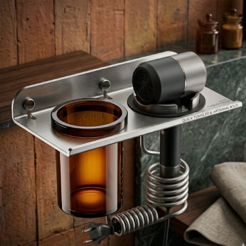 Premium imported architectural tumbler holder and hairdryer station with integrated cord management, wall-mounted against a modern textured bathroom wall.