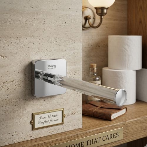 A sleek Roca Victoria chrome spare toilet roll holder mounted on a luxury stone wall in a modern bathroom.