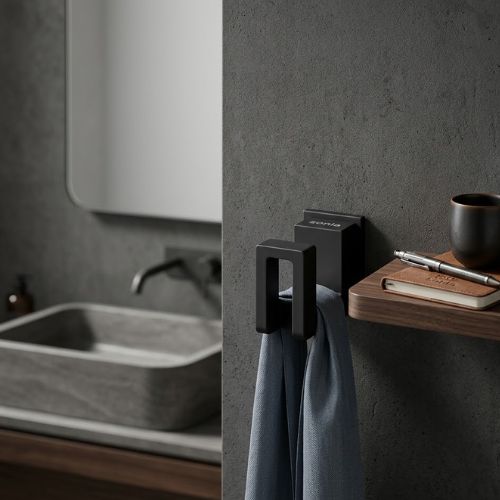 A modern matte black designer robe hook featuring a sleek square silhouette, mounted on a textured charcoal wall beside a minimalist stone washbasin.