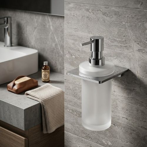Minimalist wall-mounted chrome soap dispenser by Neatflow Solution featured in a luxury stone-tiled bathroom.