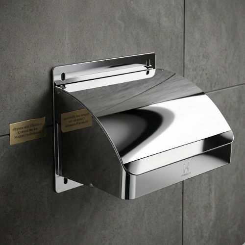 A sleek, wall-mounted S-CUBE chrome tissue holder with a reflective mirror finish, set against a modern dark slate background for a luxury bathroom aesthetic.