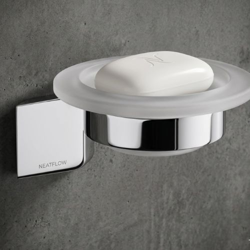 A luxury wall-mounted S3 frosted glass soap dish featuring a mirror-polished chrome holder and concealed fixings for a modern bathroom aesthetic.