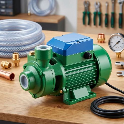 Interdab green surface electric water pump machine on a workshop wooden table with plumbing tools and hose in the background.