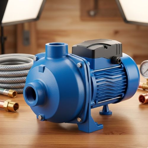 USK Unitech blue 1HP surface electric jet water pump machine on a modern workshop marble table surrounded by plumbing brass fittings, a pressure gauge, and a clear hose.