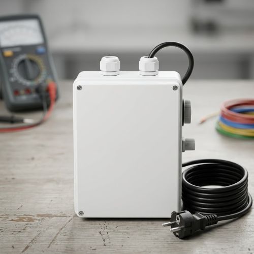 A universal white submersible water pump control box with connection glands and a black power cable on a workshop workbench.