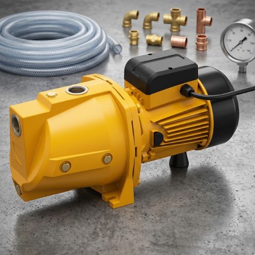 A Firman yellow 1HP surface electric jet water pump machine on a concrete workshop floor surrounded by plumbing fittings, a clear hose, and a pressure gauge.