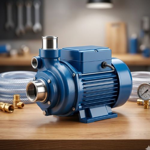 A 1HP surface electric water pump machine with a shiny stainless steel front head on a wooden workshop table with a pressure gauge and clear hoses.