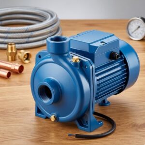 A 1HP surface electric water pump machine with a blue cast-iron casing on a wooden workbench next to a copper pipe and a pressure gauge.