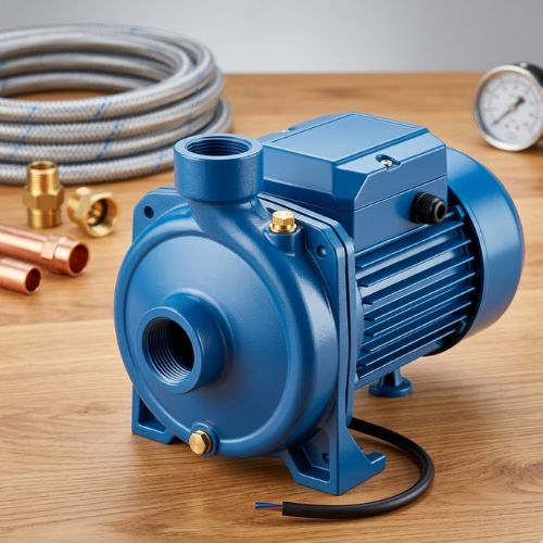 A 1HP surface electric water pump machine with a blue cast-iron casing on a wooden workbench next to a copper pipe and a pressure gauge.