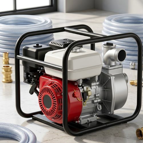 A 6.5HP gasoline engine surface water pump machine featuring a bright red motor housing and protective black tubular steel roll-cage frame on a plain white background.