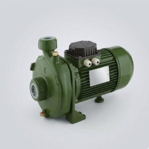 A 1HP K30/100 centrifugal surface water pump in industrial green and black finish, positioned at a 3/4 angle on a plain, light grey studio background.
