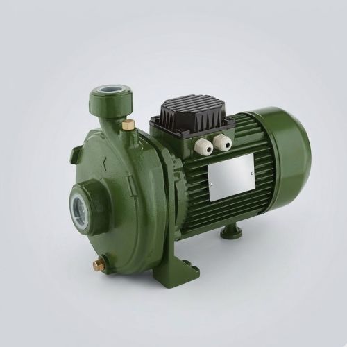 A 1HP K30/100 centrifugal surface water pump in industrial green and black finish, positioned at a 3/4 angle on a plain, light grey studio background.