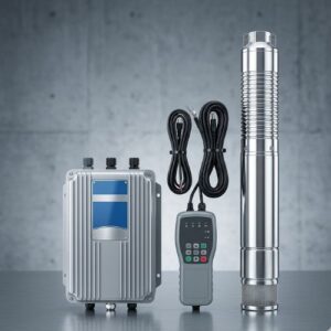 A 1.5HP submersible solar borehole pump system kit displayed with its stainless steel deep-well pump, smart MPPT control box, and remote controller on a modern industrial studio background.
