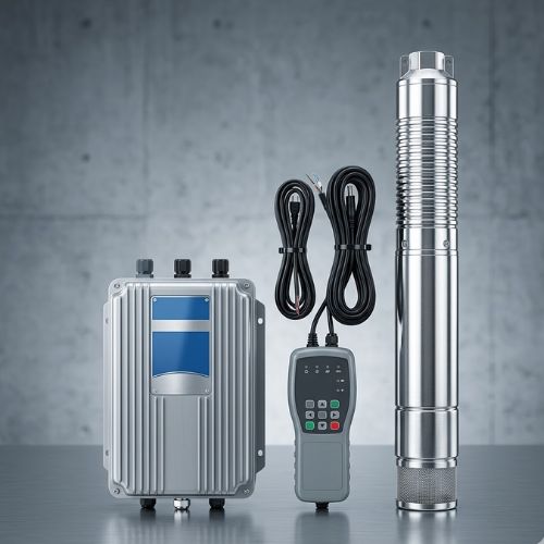 A 1.5HP submersible solar borehole pump system kit displayed with its stainless steel deep-well pump, smart MPPT control box, and remote controller on a modern industrial studio background.