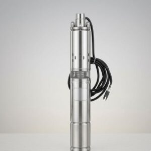 A 2HP stainless steel solar submersible water pump with its black electrical cable neatly coiled, positioned vertically against a minimalist light grey studio background.