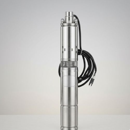 A 2HP stainless steel solar submersible water pump with its black electrical cable neatly coiled, positioned vertically against a minimalist light grey studio background.