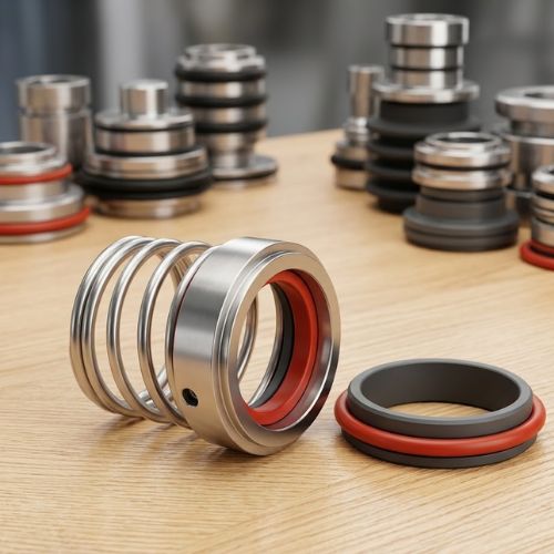 A premium rubber bellow water pump mechanical seal kit with a stainless steel compression spring and red rubber O-ring details, displayed on a warm wood studio tabletop.