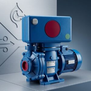 A high-performance blue Lowara self-priming water pump with a 7kW motor and integrated red component, displayed against a minimalist brushed-metal studio background.