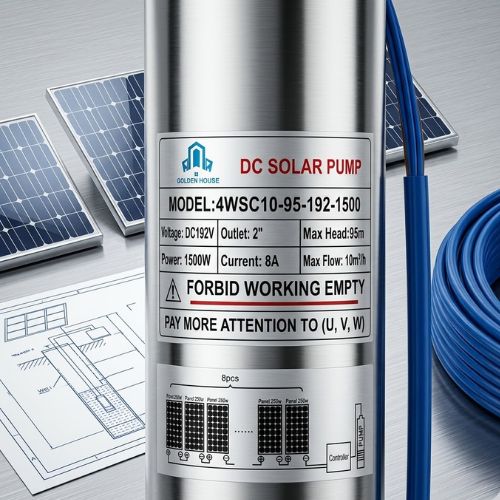 A premium stainless steel Golden House 2HP DC solar submersible water pump with its technical specification label, shown alongside solar panels and wiring diagrams on a clean studio surface.