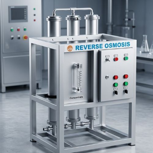 A commercial 3-membrane stainless steel Reverse Osmosis (R.O) water treatment machine featuring an integrated control panel and flow meter, displayed in a clean industrial facility.