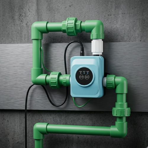 An eye-level shot of a modern, compact, automatic AC/DC water booster pump in a sleek cyan casing, professionally installed inline with durable green PPR water pipes against a clean background.