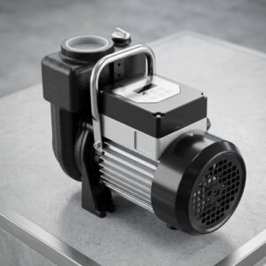 A high-angle studio shot of a powerful, brand-new Myhome 2HP DC solar surface water pump with a durable cast iron body and a top-mounted digital control interface, presented cleanly on a modern concrete surface.