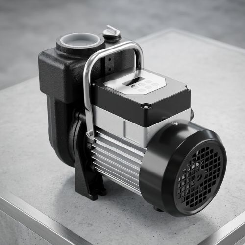 A high-angle studio shot of a powerful, brand-new Myhome 2HP DC solar surface water pump with a durable cast iron body and a top-mounted digital control interface, presented cleanly on a modern concrete surface.