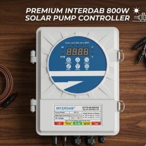 Interdab 800W Hybrid AC/DC solar pump controller displayed on a wooden table.