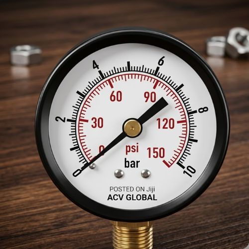 Master industrial pressure gauge (0-10 bar / 0-150 psi) with a brass bottom-mount connection, resting on a wooden surface.