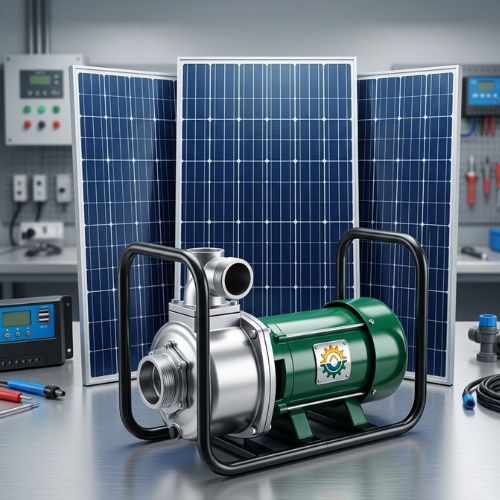 Master 3-inch solar water pump system with solar panels, arranged in a professional industrial workshop setting.