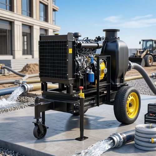 Heavy-duty portable diesel self-priming irrigation pump on a mobile trailer, designed for high-volume agricultural water transfer and site dewatering