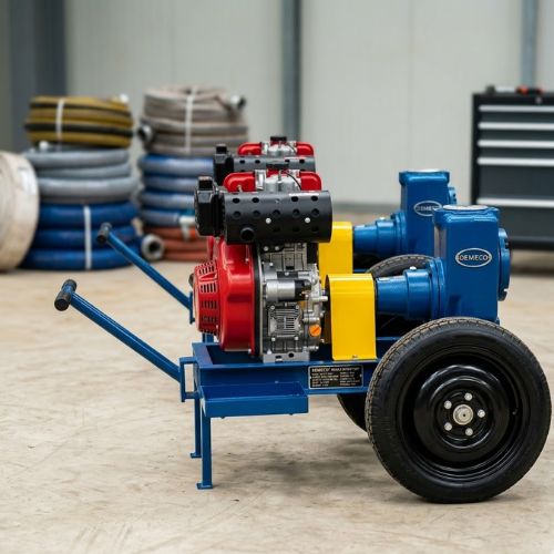 "Portable diesel-powered self-priming irrigation pumps mounted on a rugged mobile trailer, designed for high-volume agricultural water transfer and industrial dewatering.