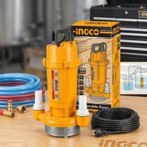 Ingco 1HP 750W submersible sewage and drainage pump with float switch, shown with packaging and accessories for high-capacity dirty water removal
