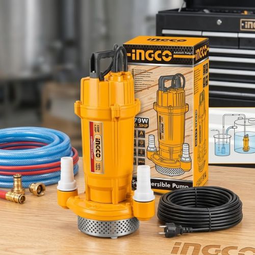Ingco 1HP 750W submersible sewage and drainage pump with float switch, shown with packaging and accessories for high-capacity dirty water removal