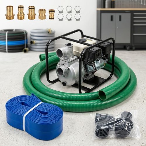 Master 3-inch high-performance water discharging pump kit, including heavy-duty pump, suction and discharge hoses, and brass connectors for industrial water transfer.