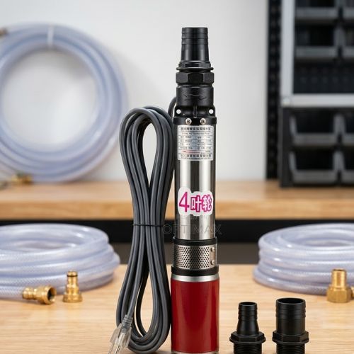 1HP DC deep well submersible solar borehole pump with stainless steel body and long cable, compatible with 24V/48V solar systems for efficient water extraction.