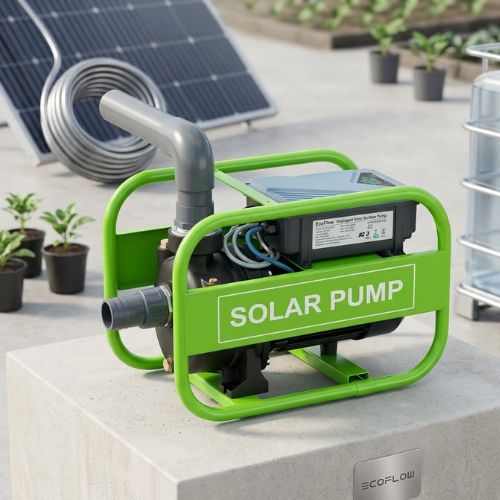 An EcoFlow solar surface pump installed for efficient and sustainable farm irrigation.